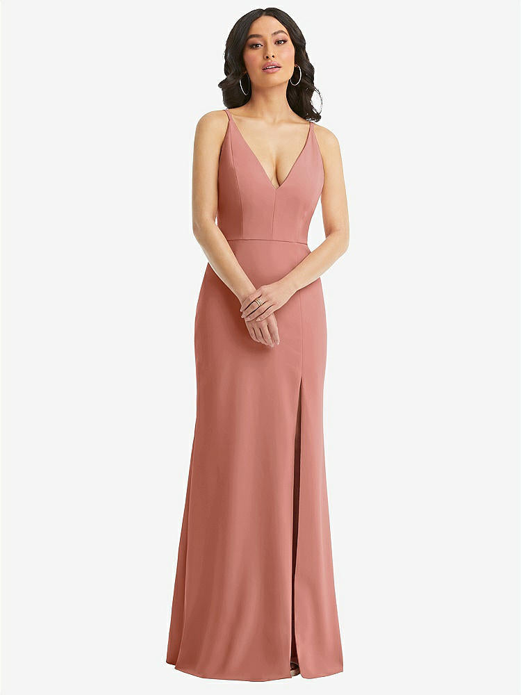 【STYLE: TH112】Skinny Strap Deep V-Neck Crepe Trumpet Gown with Front Slit【COLOR: Desert Rose】