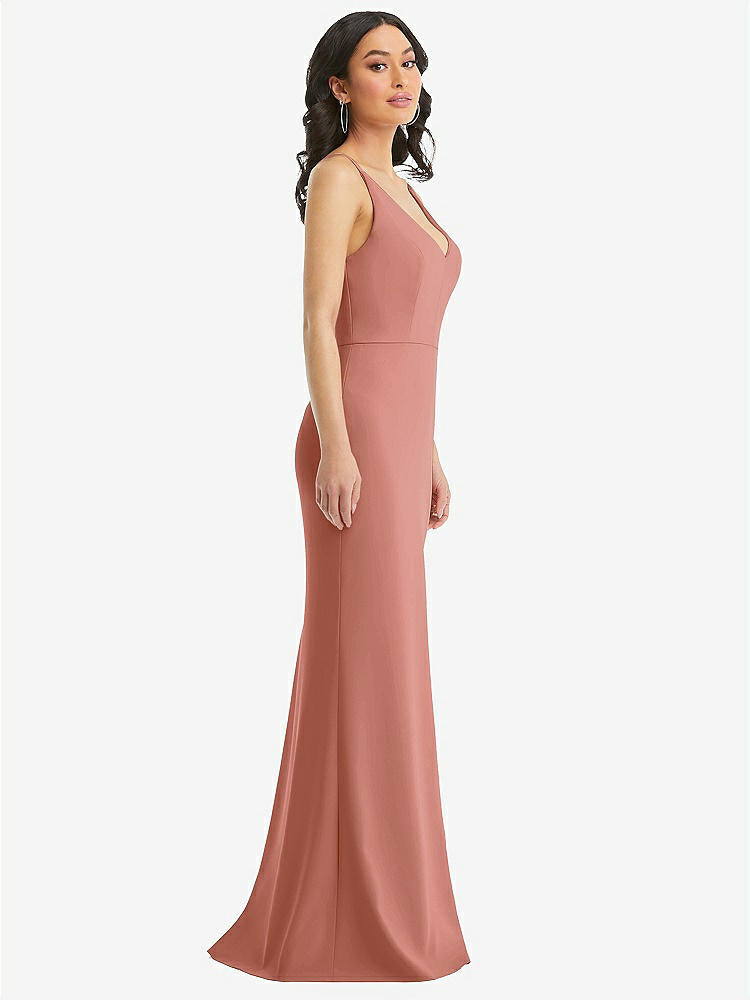 【STYLE: TH112】Skinny Strap Deep V-Neck Crepe Trumpet Gown with Front Slit【COLOR: Desert Rose】