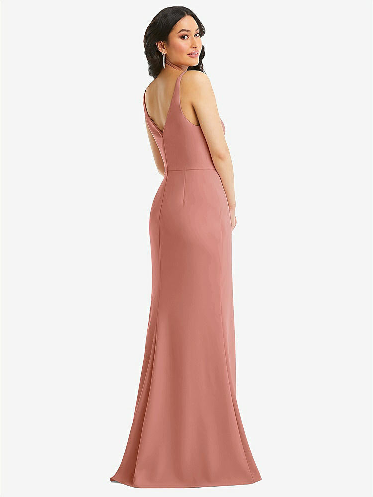 【STYLE: TH112】Skinny Strap Deep V-Neck Crepe Trumpet Gown with Front Slit【COLOR: Desert Rose】