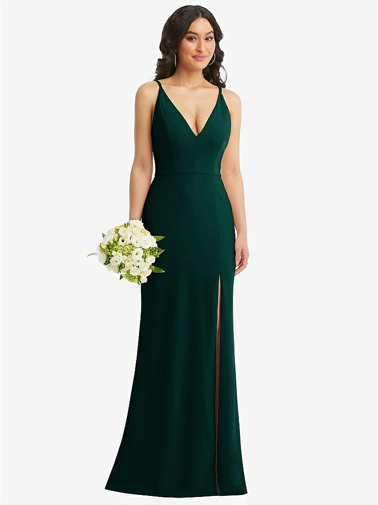 【STYLE: TH112】Skinny Strap Deep V-Neck Crepe Trumpet Gown with Front Slit【COLOR: Evergreen】