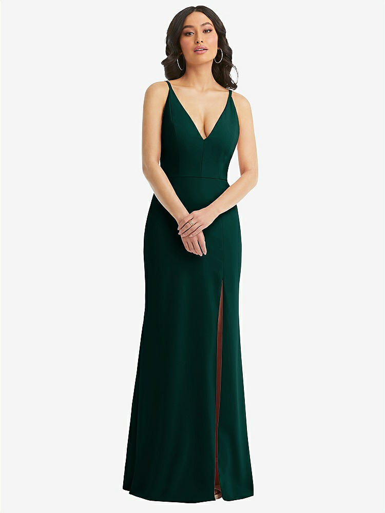 【STYLE: TH112】Skinny Strap Deep V-Neck Crepe Trumpet Gown with Front Slit【COLOR: Evergreen】