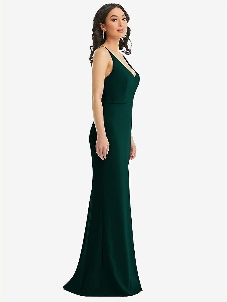【STYLE: TH112】Skinny Strap Deep V-Neck Crepe Trumpet Gown with Front Slit【COLOR: Evergreen】