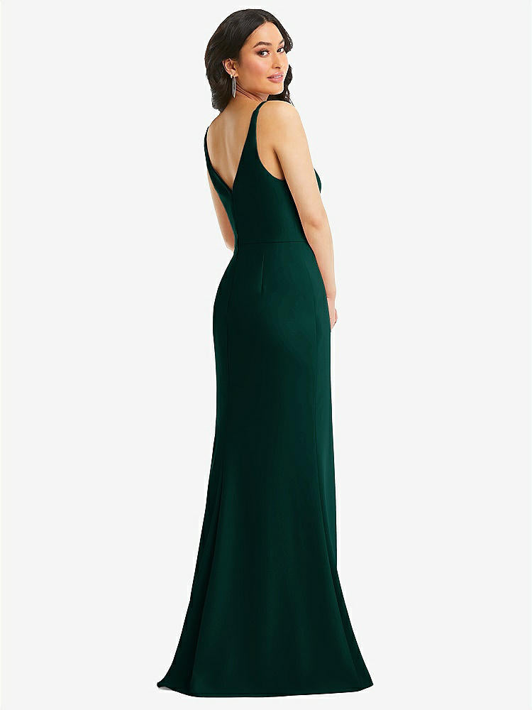 【STYLE: TH112】Skinny Strap Deep V-Neck Crepe Trumpet Gown with Front Slit【COLOR: Evergreen】