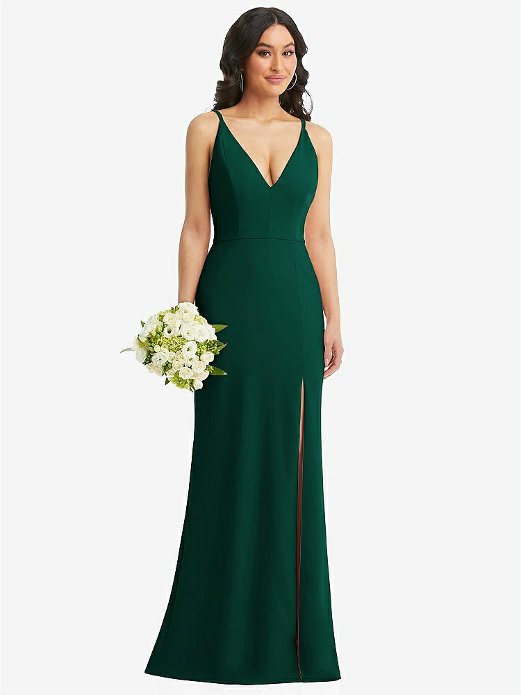 【STYLE: TH112】Skinny Strap Deep V-Neck Crepe Trumpet Gown with Front Slit【COLOR: Hunter Green】