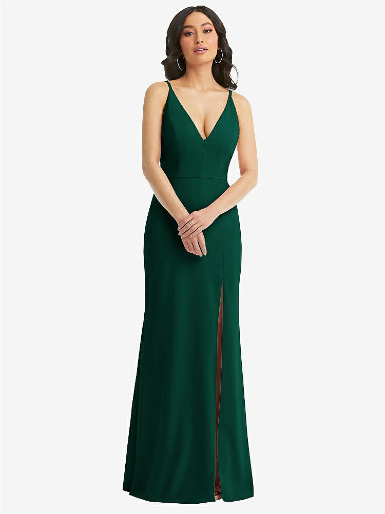 【STYLE: TH112】Skinny Strap Deep V-Neck Crepe Trumpet Gown with Front Slit【COLOR: Hunter Green】
