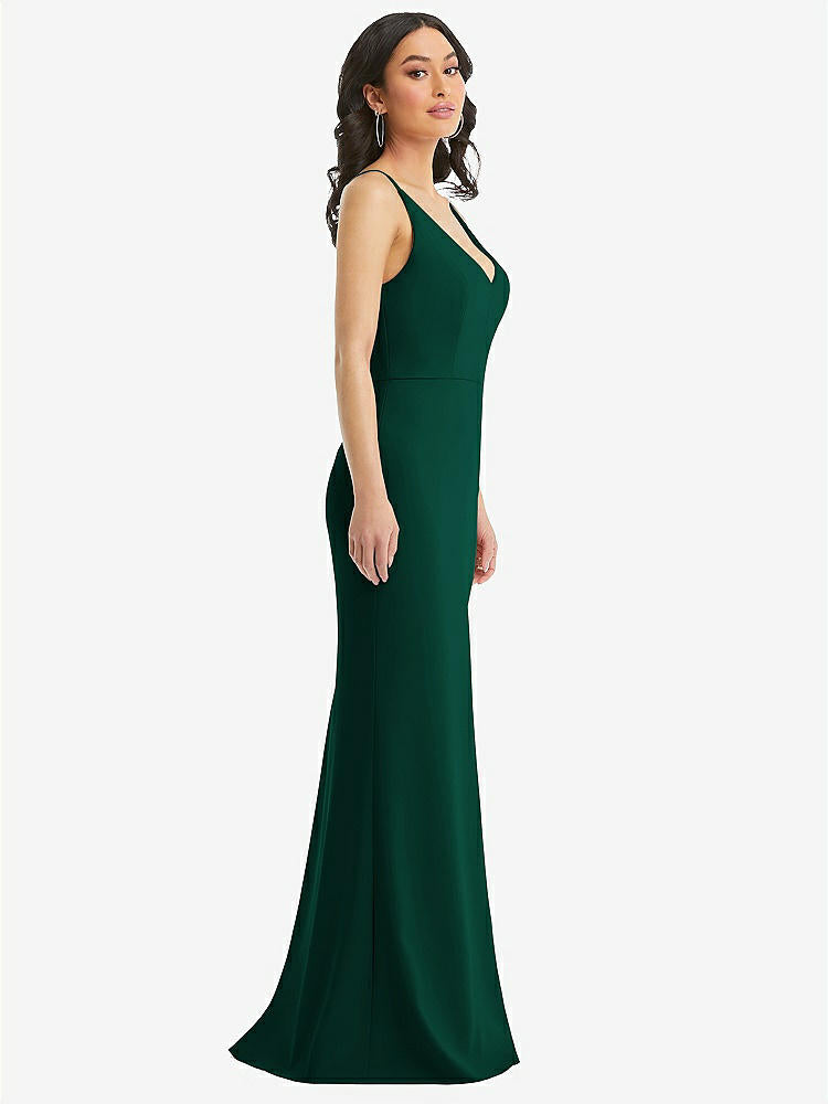 【STYLE: TH112】Skinny Strap Deep V-Neck Crepe Trumpet Gown with Front Slit【COLOR: Hunter Green】