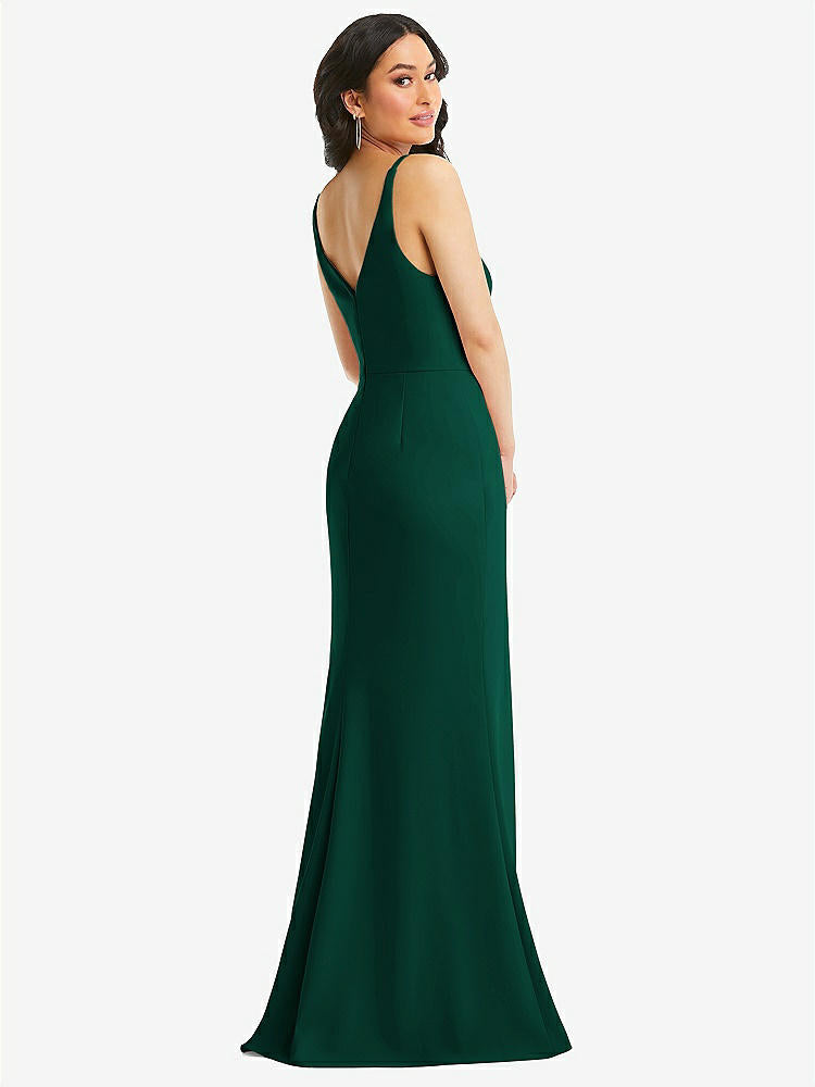 【STYLE: TH112】Skinny Strap Deep V-Neck Crepe Trumpet Gown with Front Slit【COLOR: Hunter Green】
