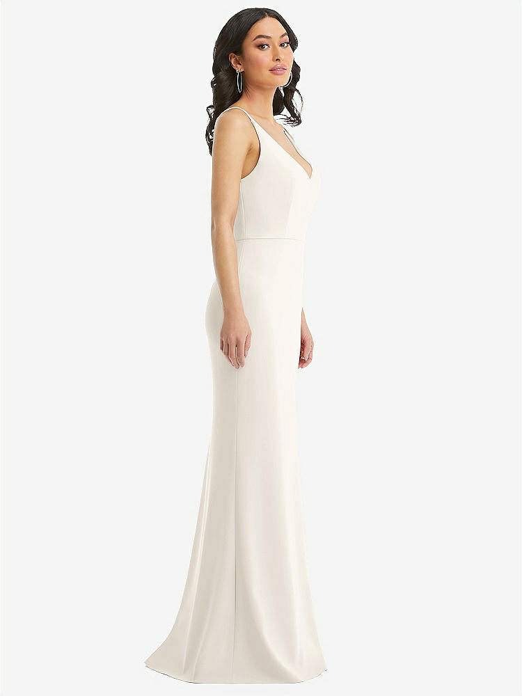 【NEW】【STYLE: TH112】スキニー ストラップ 深い Vネック クレープ トランペット ガウン フロント スリット【COLOR: Ivory】【SIZE: 00-30W】