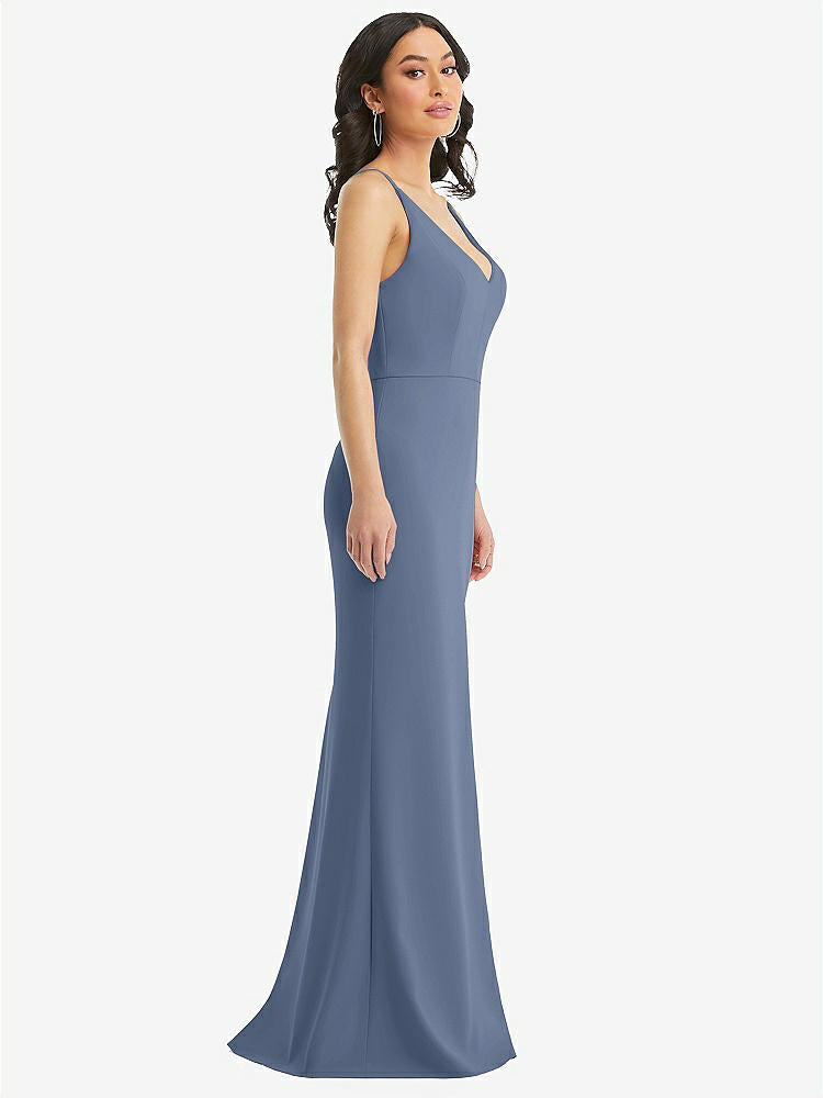 【NEW】【STYLE: TH112】スキニー ストラップ 深い Vネック クレープ トランペット ガウン フロント スリット【COLOR: Larkspur Blue】【SIZE: 00-30W】