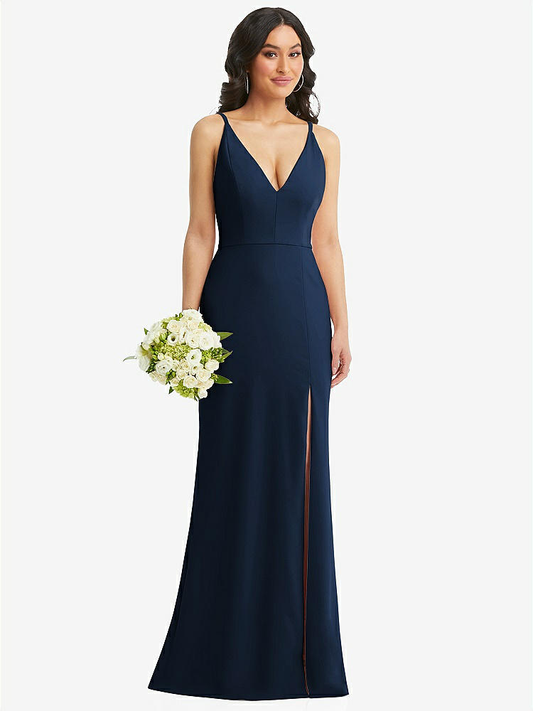 【STYLE: TH112】Skinny Strap Deep V-Neck Crepe Trumpet Gown with Front Slit【COLOR: Midnight Navy】