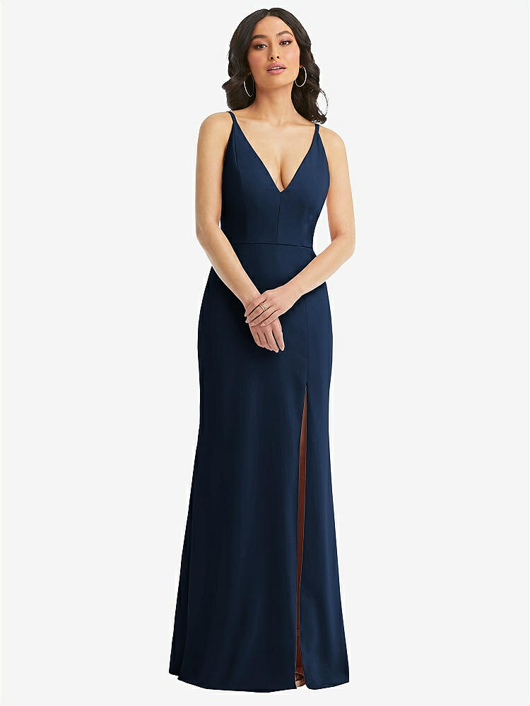 【STYLE: TH112】Skinny Strap Deep V-Neck Crepe Trumpet Gown with Front Slit【COLOR: Midnight Navy】
