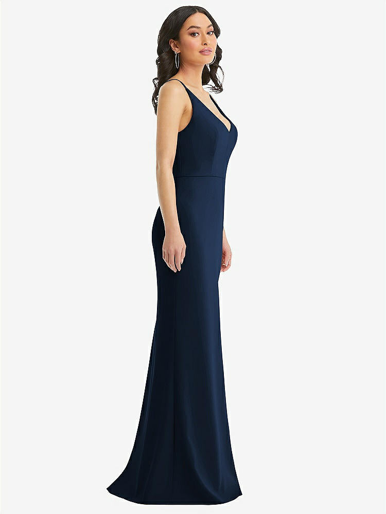 【STYLE: TH112】Skinny Strap Deep V-Neck Crepe Trumpet Gown with Front Slit【COLOR: Midnight Navy】