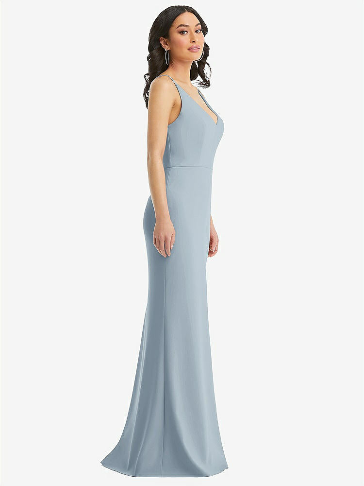 【NEW】【STYLE: TH112】スキニー ストラップ 深い Vネック クレープ トランペット ガウン フロント スリット【COLOR: Mist】【SIZE: 00-30W】