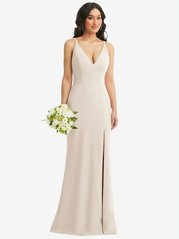 【STYLE: TH112】Skinny Strap Deep V-Neck Crepe Trumpet Gown with Front Slit【COLOR: Oat】