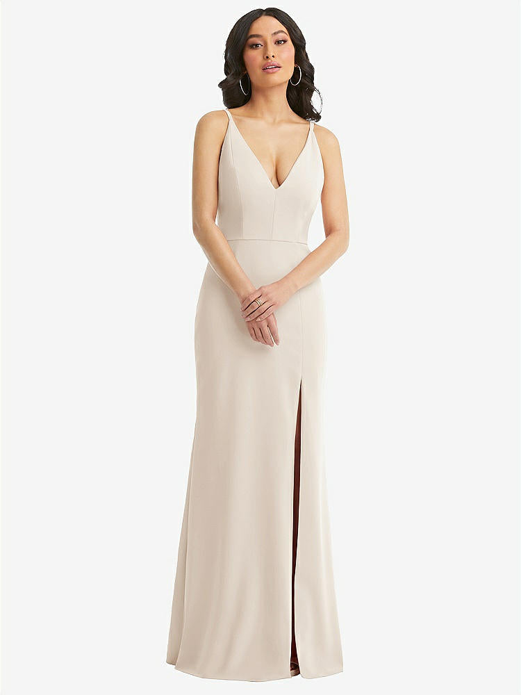 【STYLE: TH112】Skinny Strap Deep V-Neck Crepe Trumpet Gown with Front Slit【COLOR: Oat】