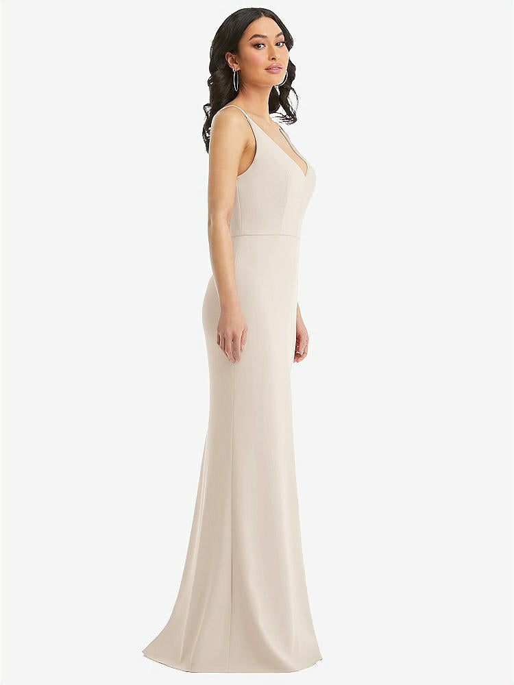 【STYLE: TH112】Skinny Strap Deep V-Neck Crepe Trumpet Gown with Front Slit【COLOR: Oat】