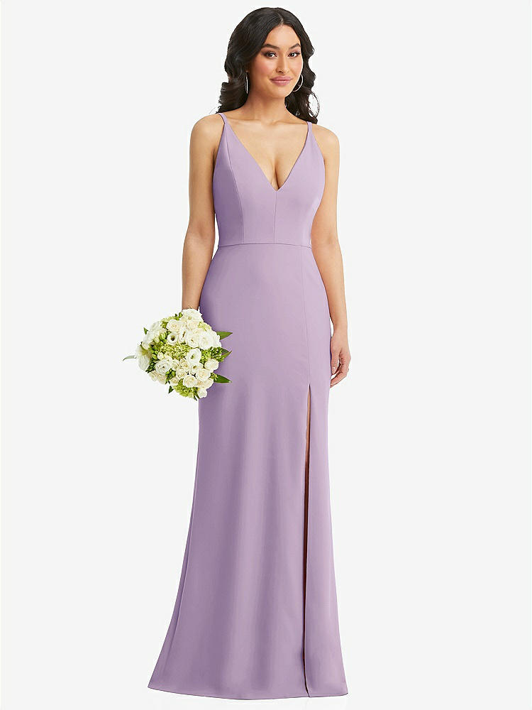 【NEW】【STYLE: TH112】スキニー ストラップ 深い Vネック クレープ トランペット ガウン フロント スリット【COLOR: Pale Purple】【SIZE: 00-30W】
