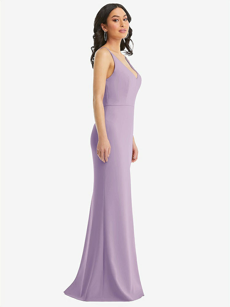 【NEW】【STYLE: TH112】スキニー ストラップ 深い Vネック クレープ トランペット ガウン フロント スリット【COLOR: Pale Purple】【SIZE: 00-30W】