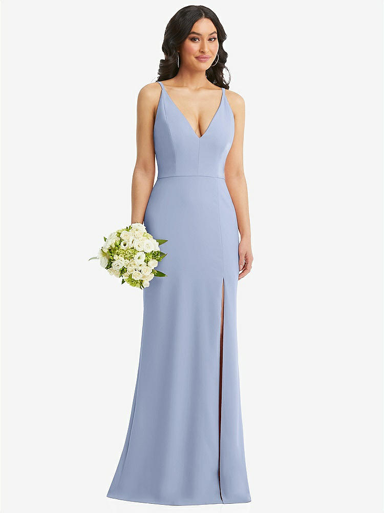 【STYLE: TH112】Skinny Strap Deep V-Neck Crepe Trumpet Gown with Front Slit【COLOR: Sky Blue】