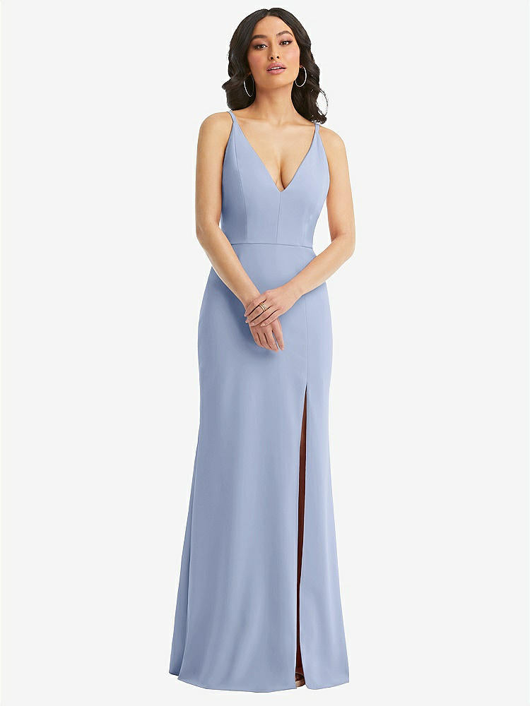 【STYLE: TH112】Skinny Strap Deep V-Neck Crepe Trumpet Gown with Front Slit【COLOR: Sky Blue】