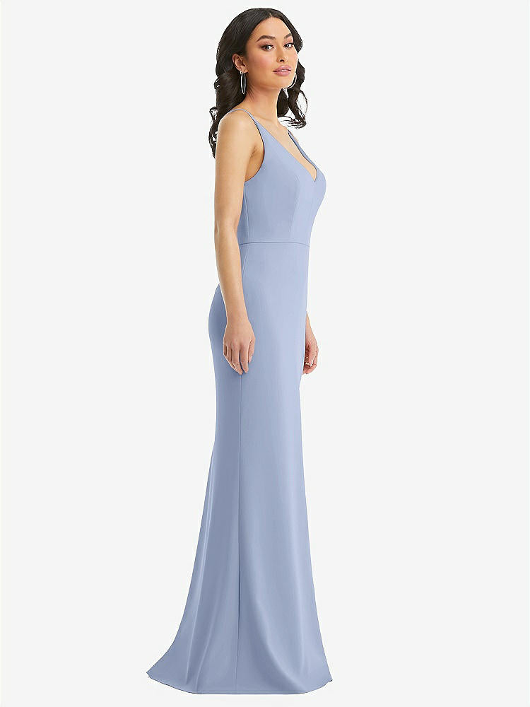 【STYLE: TH112】Skinny Strap Deep V-Neck Crepe Trumpet Gown with Front Slit【COLOR: Sky Blue】