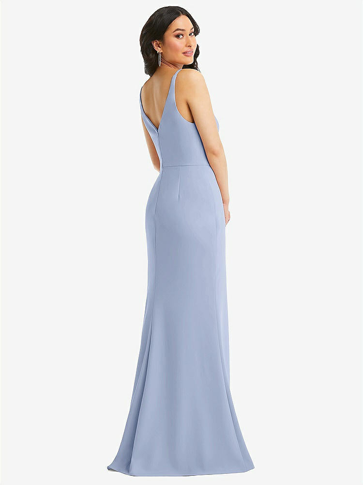 【STYLE: TH112】Skinny Strap Deep V-Neck Crepe Trumpet Gown with Front Slit【COLOR: Sky Blue】