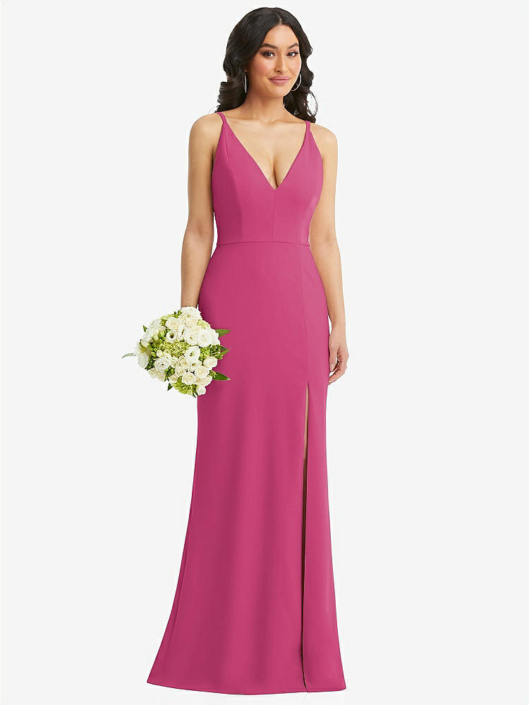 【STYLE: TH112】Skinny Strap Deep V-Neck Crepe Trumpet Gown with Front Slit【COLOR: Tea Rose】