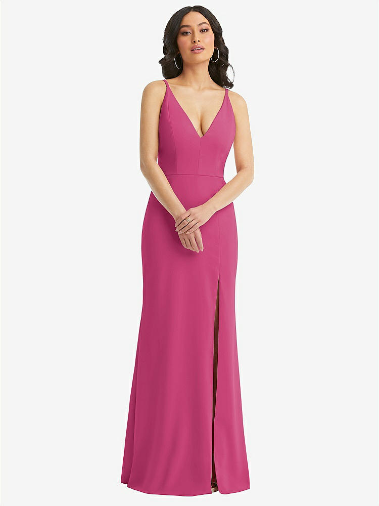 【STYLE: TH112】Skinny Strap Deep V-Neck Crepe Trumpet Gown with Front Slit【COLOR: Tea Rose】
