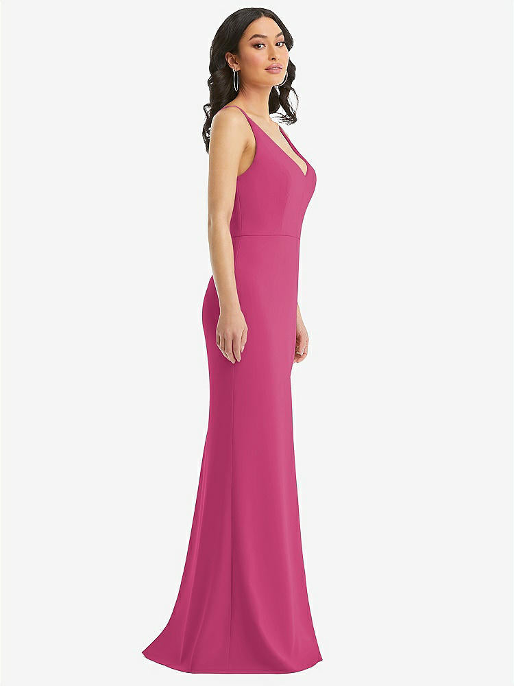 【STYLE: TH112】Skinny Strap Deep V-Neck Crepe Trumpet Gown with Front Slit【COLOR: Tea Rose】
