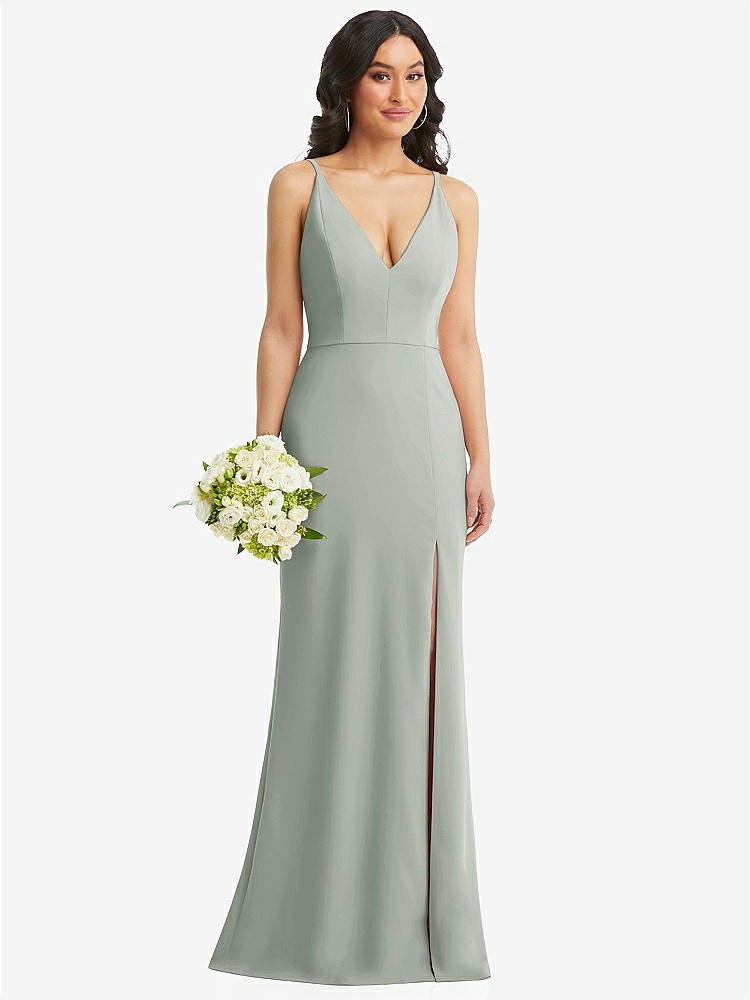 【STYLE: TH112】Skinny Strap Deep V-Neck Crepe Trumpet Gown with Front Slit【COLOR: Willow Green】