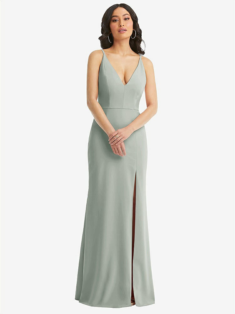 【STYLE: TH112】Skinny Strap Deep V-Neck Crepe Trumpet Gown with Front Slit【COLOR: Willow Green】