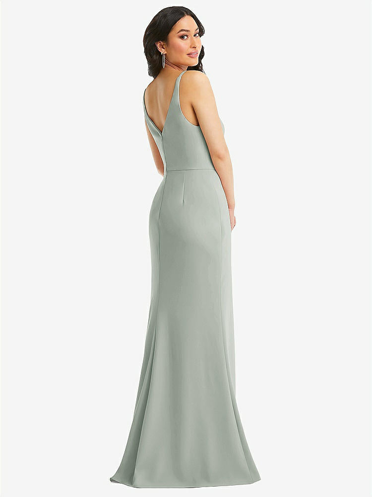 【STYLE: TH112】Skinny Strap Deep V-Neck Crepe Trumpet Gown with Front Slit【COLOR: Willow Green】
