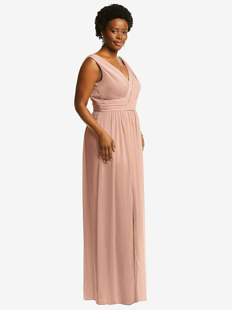 【NEW】【STYLE: 2894】ノースリーブ ドレープ シフォン マキシ ドレス 前面 スリット【COLOR: Pale Peach】【SIZE: 00-30W】