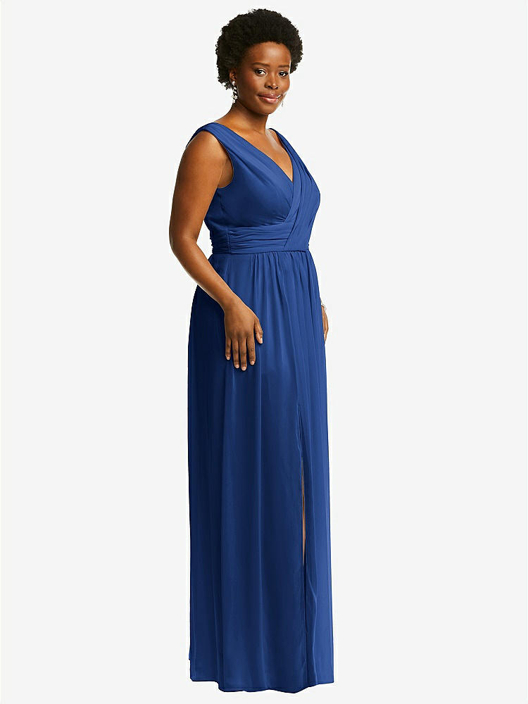 【STYLE: 2894】Sleeveless Draped Chiffon Maxi Dress with Front Slit【COLOR: Classic Blue】