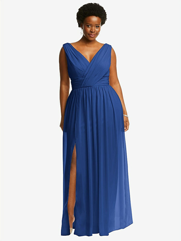 【STYLE: 2894】Sleeveless Draped Chiffon Maxi Dress with Front Slit【COLOR: Classic Blue】