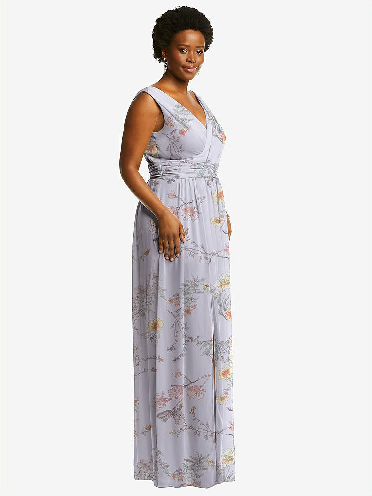 【STYLE: 2894】Sleeveless Draped Chiffon Maxi Dress with Front Slit【COLOR: Butterfly Botanica Silver Dove】