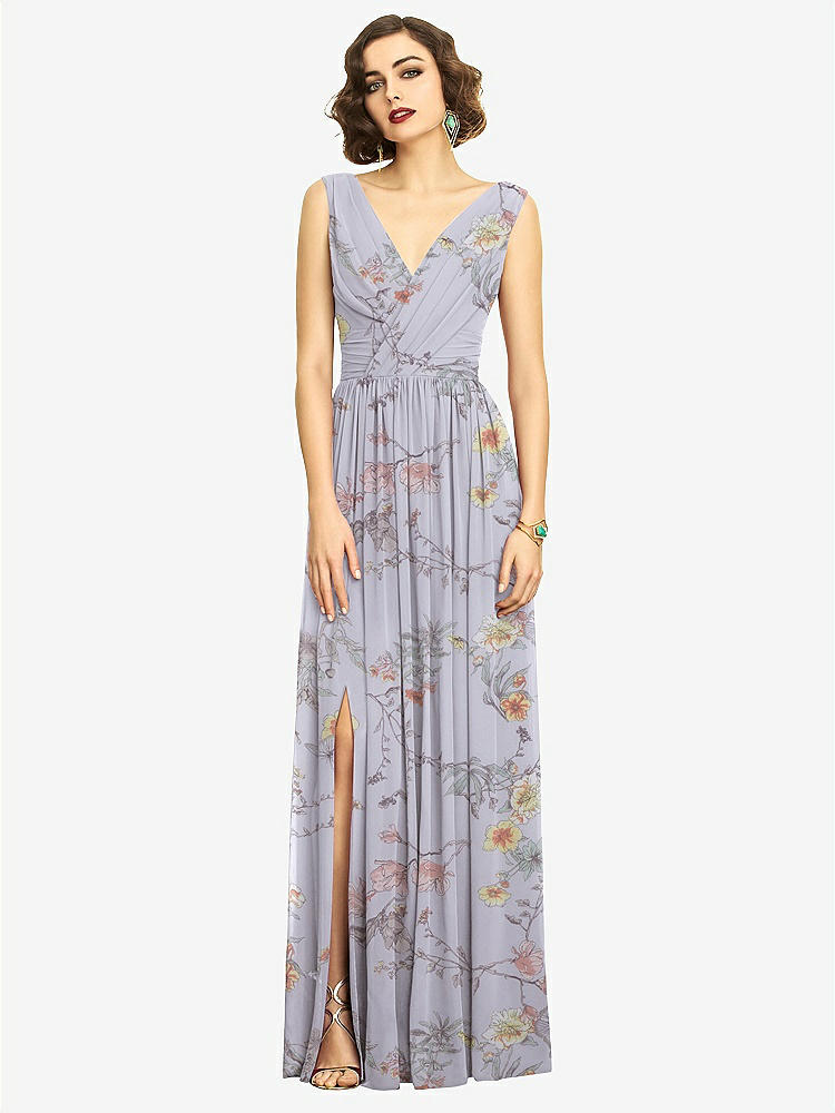 【STYLE: 2894】Sleeveless Draped Chiffon Maxi Dress with Front Slit【COLOR: Butterfly Botanica Silver Dove】