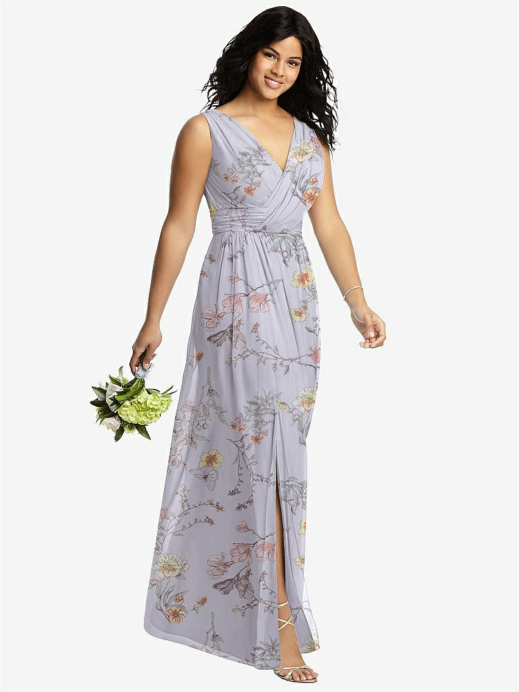 【STYLE: 2894】Sleeveless Draped Chiffon Maxi Dress with Front Slit【COLOR: Butterfly Botanica Silver Dove】
