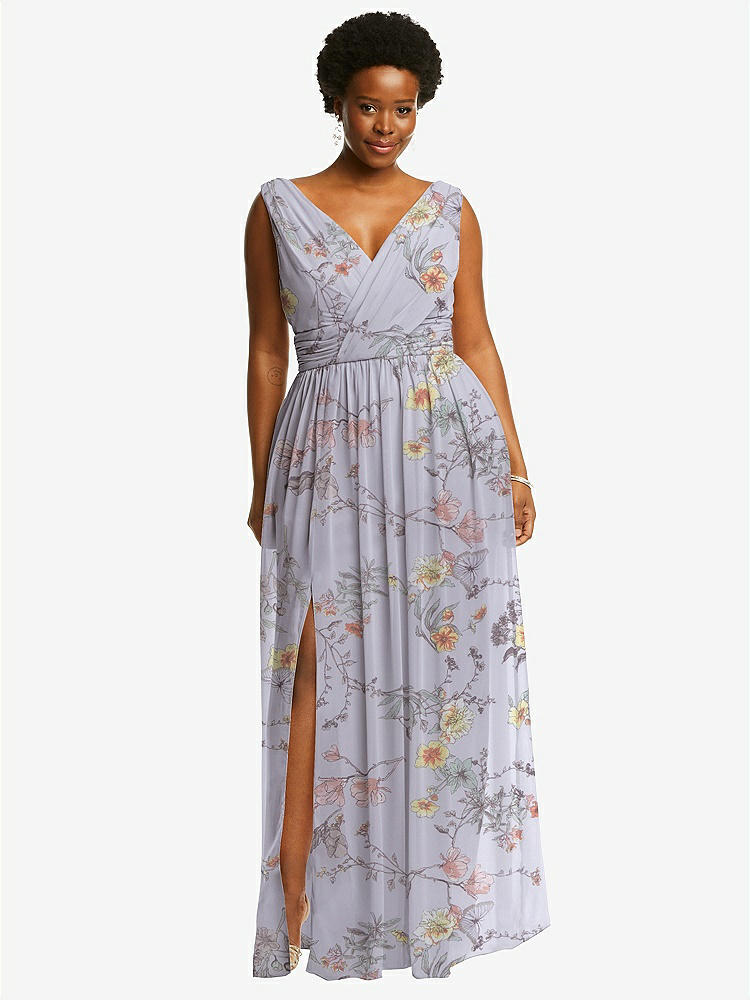 【STYLE: 2894】Sleeveless Draped Chiffon Maxi Dress with Front Slit【COLOR: Butterfly Botanica Silver Dove】