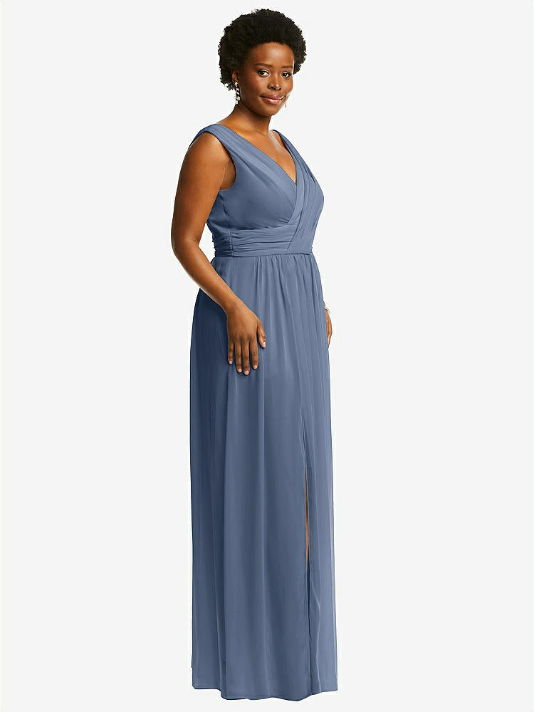 【STYLE: 2894】Sleeveless Draped Chiffon Maxi Dress with Front Slit【COLOR: Larkspur Blue】