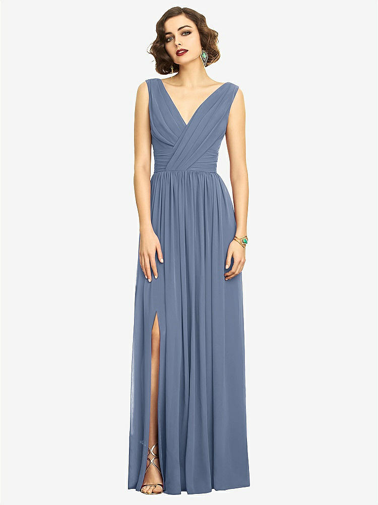 【STYLE: 2894】Sleeveless Draped Chiffon Maxi Dress with Front Slit【COLOR: Larkspur Blue】