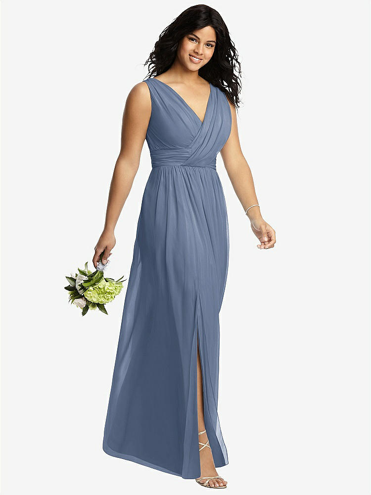 【STYLE: 2894】Sleeveless Draped Chiffon Maxi Dress with Front Slit【COLOR: Larkspur Blue】