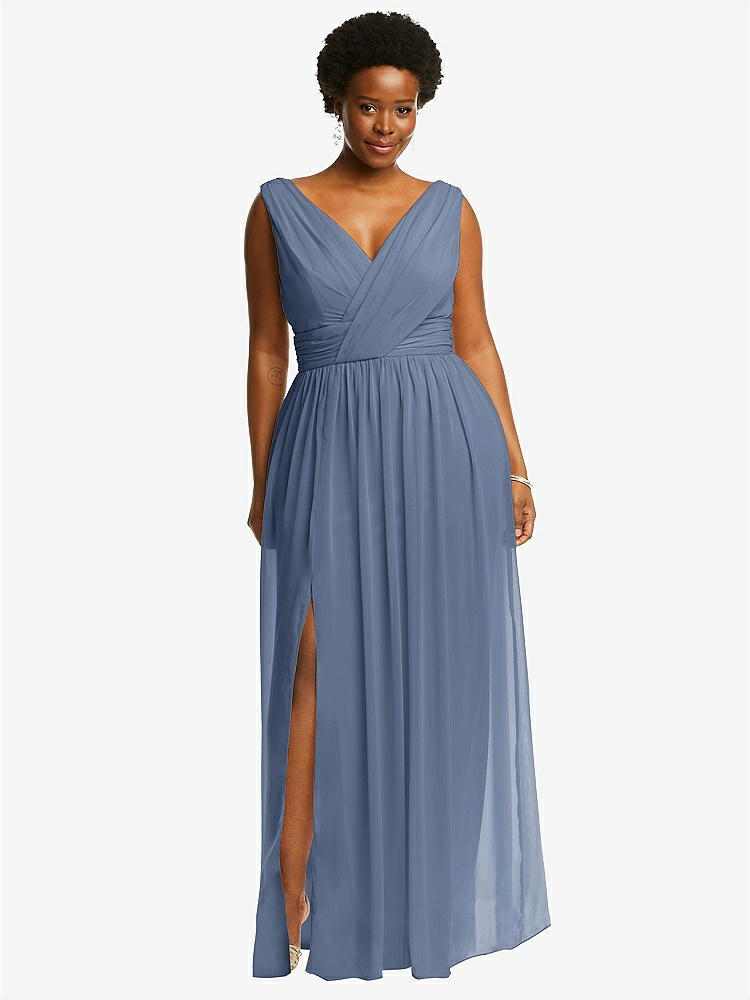 【STYLE: 2894】Sleeveless Draped Chiffon Maxi Dress with Front Slit【COLOR: Larkspur Blue】