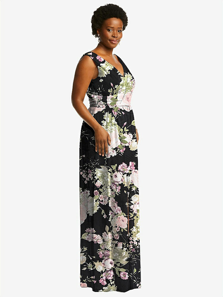 【STYLE: 2894】Sleeveless Draped Chiffon Maxi Dress with Front Slit【COLOR: Noir Garden】