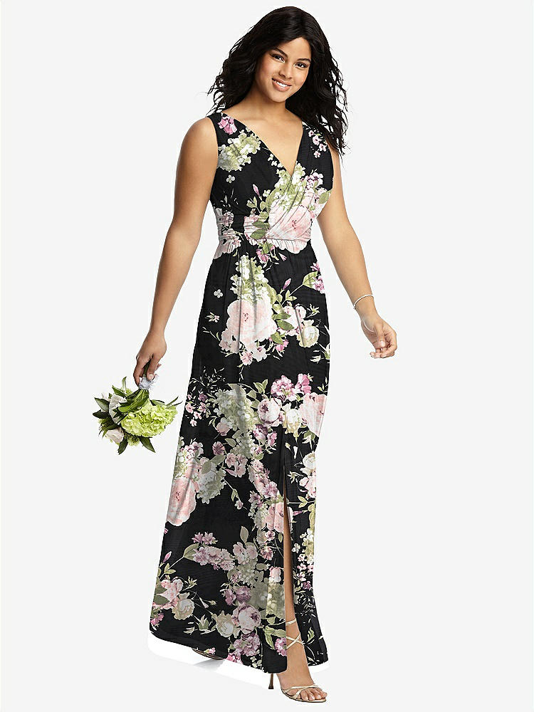 【STYLE: 2894】Sleeveless Draped Chiffon Maxi Dress with Front Slit【COLOR: Noir Garden】