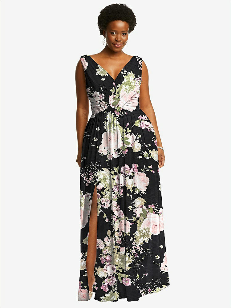 【STYLE: 2894】Sleeveless Draped Chiffon Maxi Dress with Front Slit【COLOR: Noir Garden】