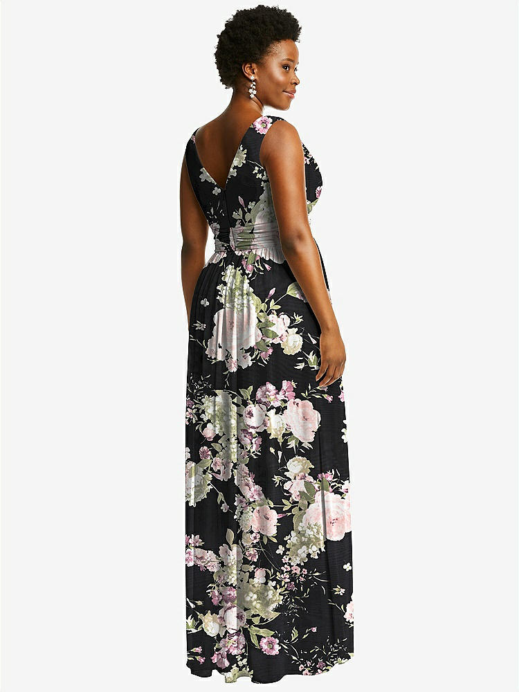 【STYLE: 2894】Sleeveless Draped Chiffon Maxi Dress with Front Slit【COLOR: Noir Garden】