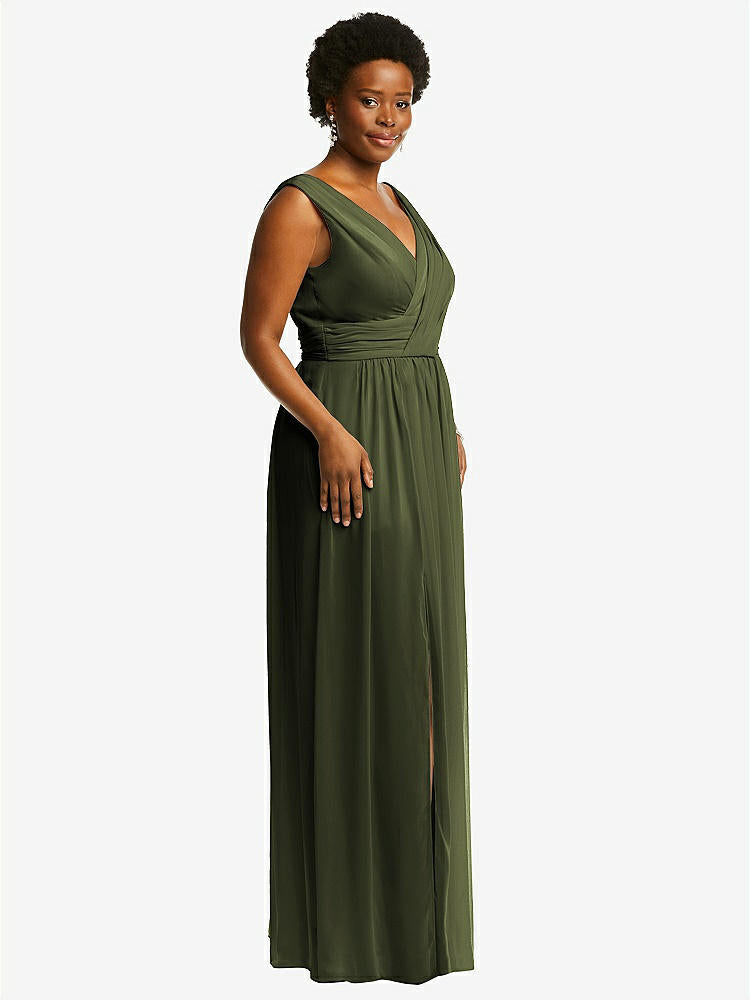 【NEW】【STYLE: 2894】ノースリーブ ドレープ シフォン マキシ ドレス 前面 スリット【COLOR: Olive Green】【SIZE: 00-30W】