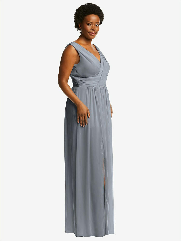 【NEW】【STYLE: 2894】ノースリーブ ドレープ シフォン マキシ ドレス 前面 スリット【COLOR: Platinum】【SIZE: 00-30W】