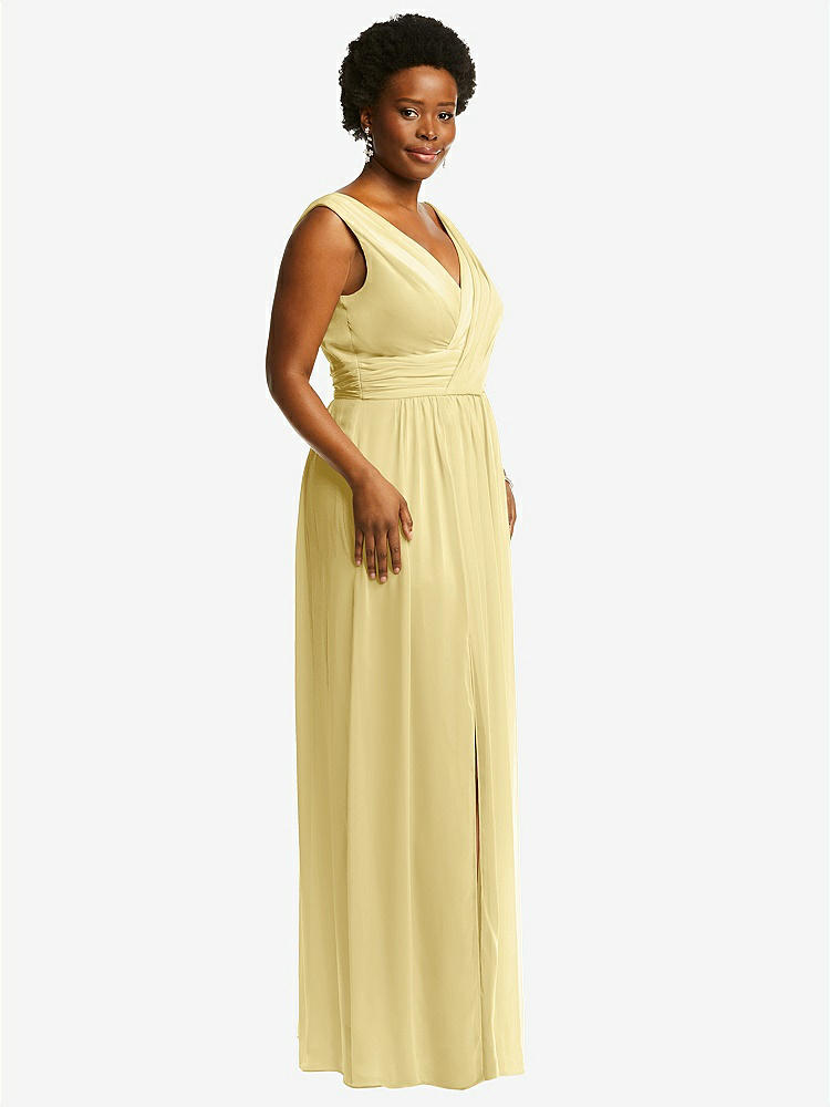 【NEW】【STYLE: 2894】ノースリーブ ドレープ シフォン マキシ ドレス 前面 スリット【COLOR: Pale Yellow】【SIZE: 00-30W】